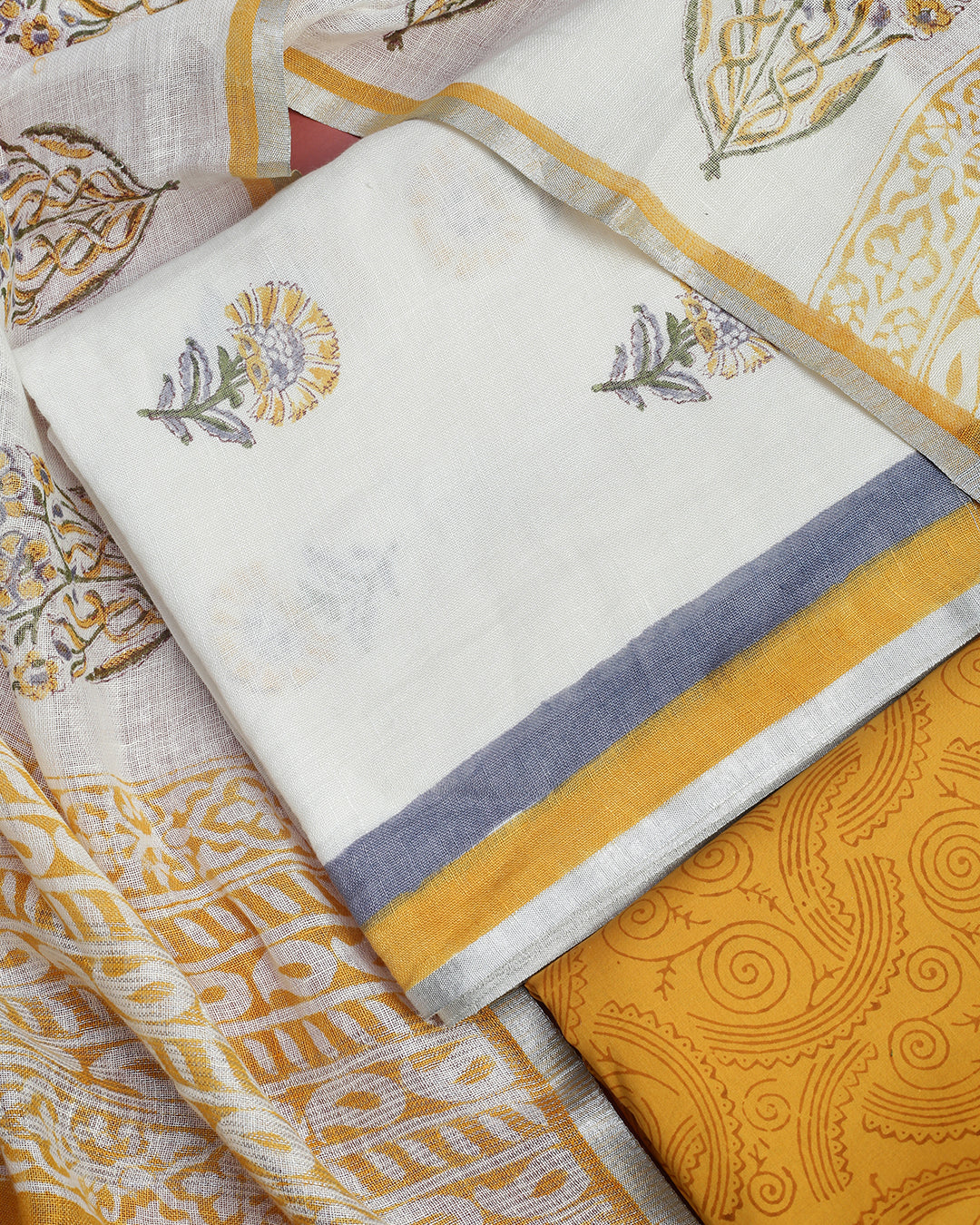 Sunshine White and Yellow Linen Unstitched Dress Material Suit