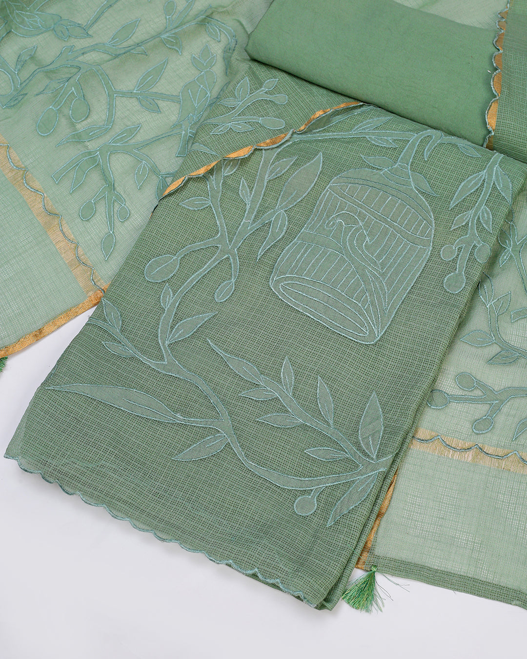 Summer Breeze Green Kota Doria Embroidered Unstitched Dress Material Suit
