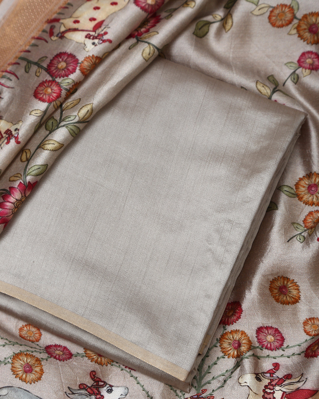 Silver Mist Chiniya Silk Unstitched Dress Material Suit