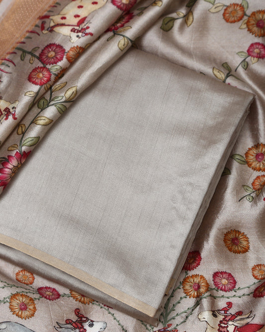Silver Mist Chiniya Silk Unstitched Dress Material Suit