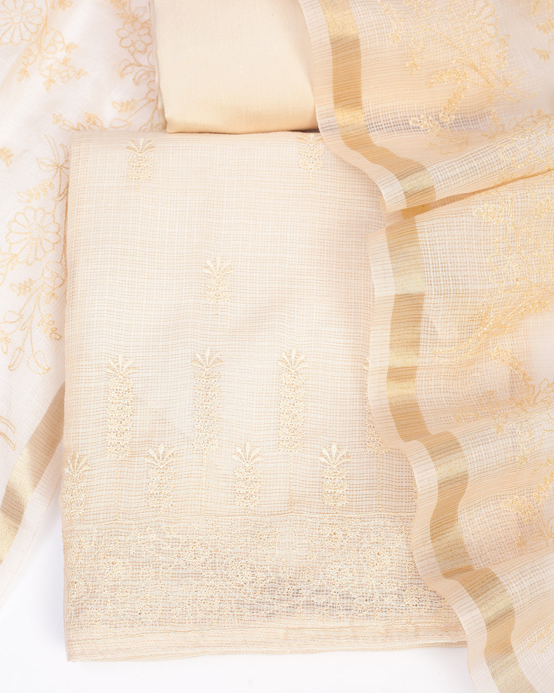 Cream Embroidered Kota Doria Unstitched Dress Material Suit