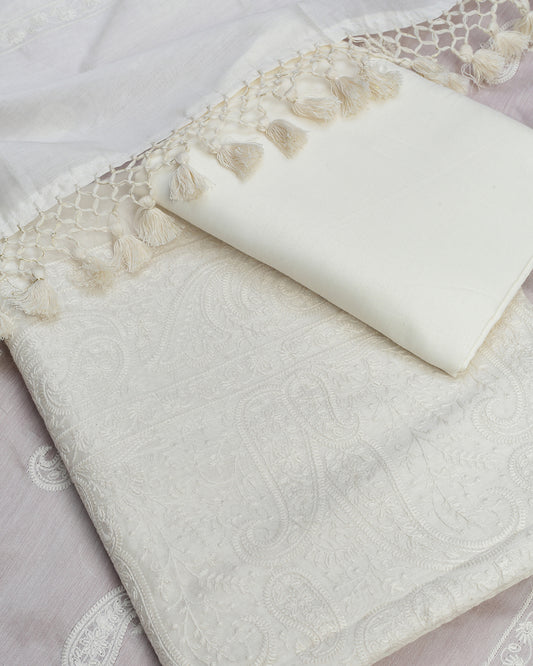 White Chikankari Chanderi Silk Unstitched Dress Material Suit