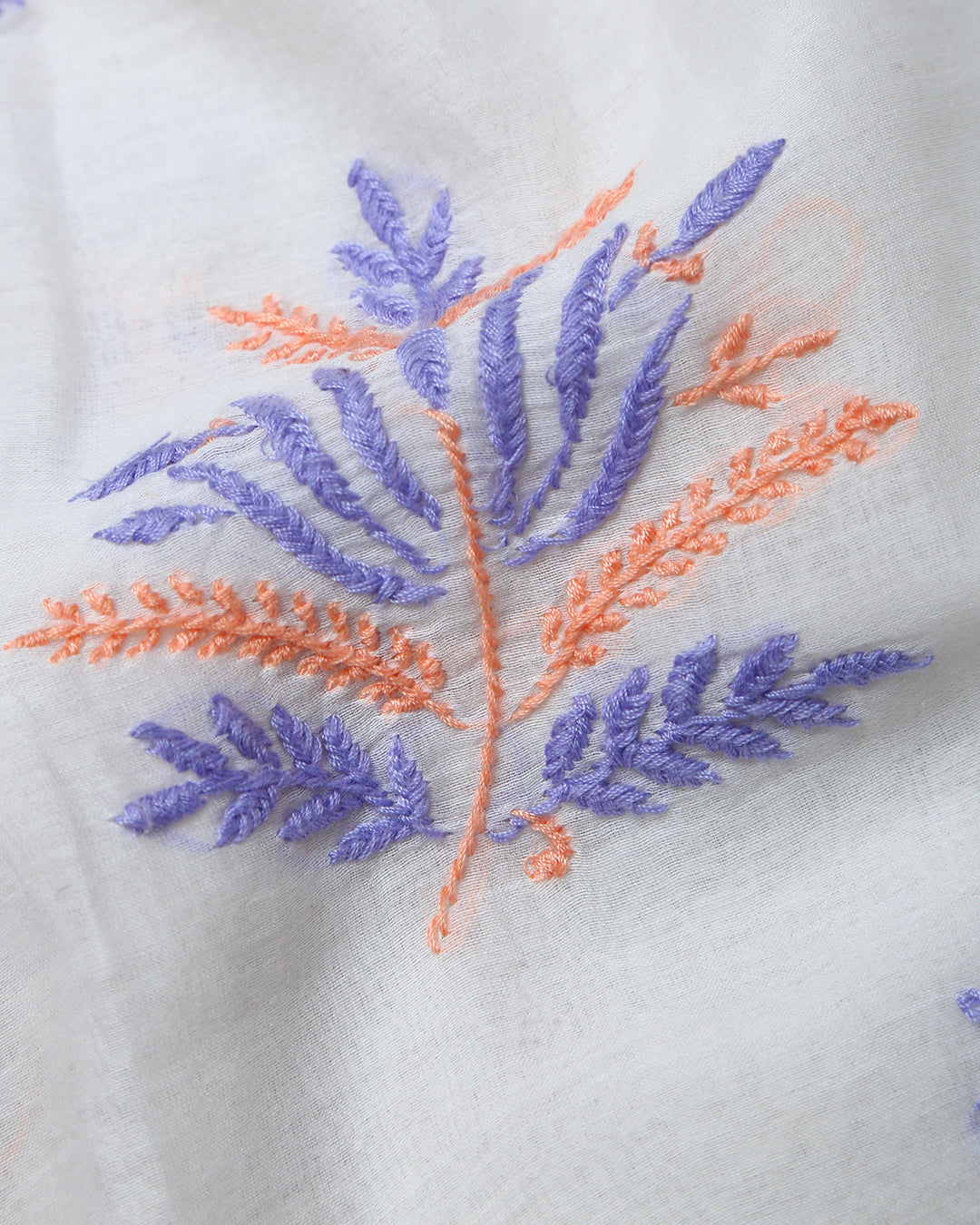 White and Peach Embroidered Mul Chikankari Unstitched Dress Material Suit