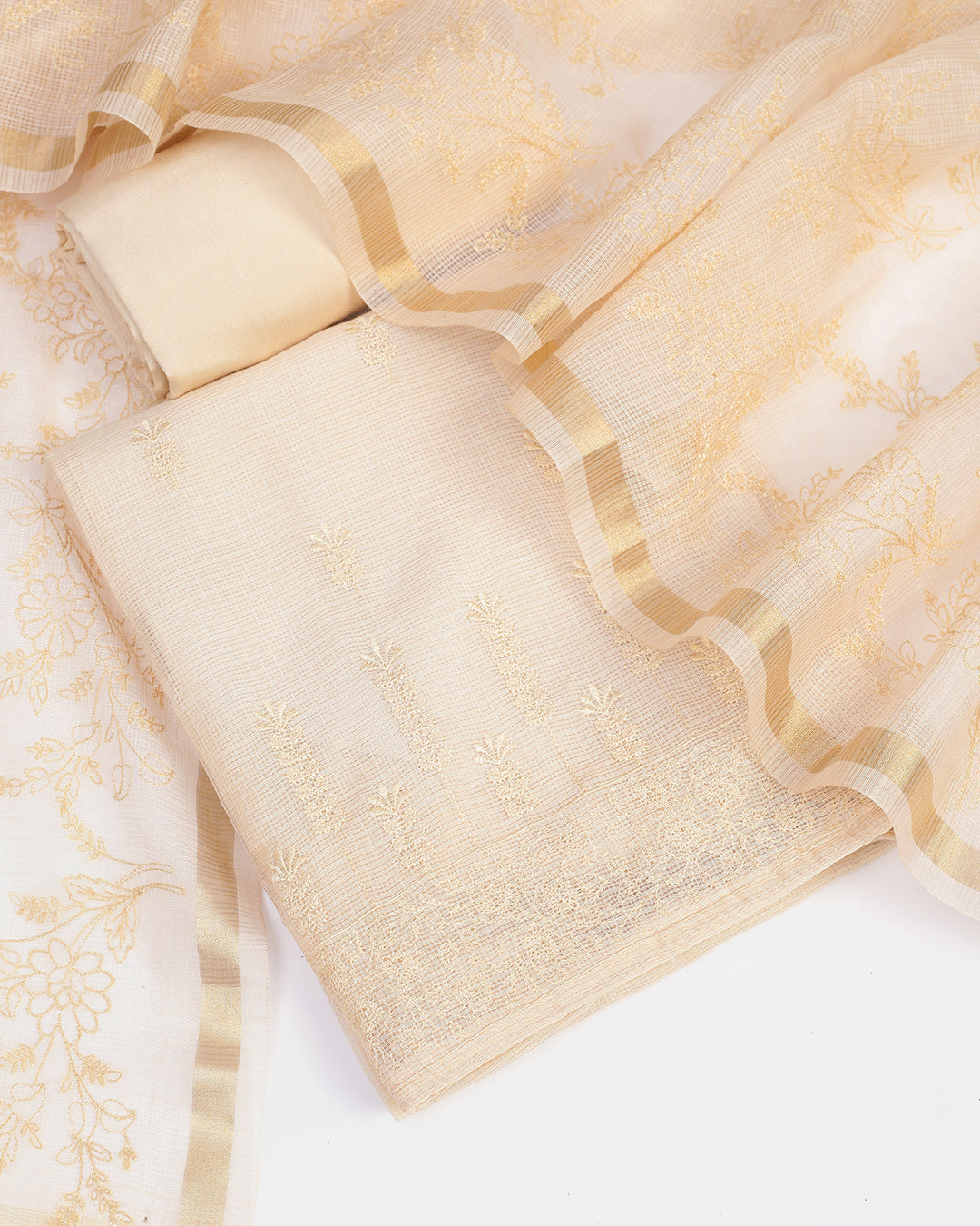 Cream Embroidered Kota Doria Unstitched Dress Material Suit
