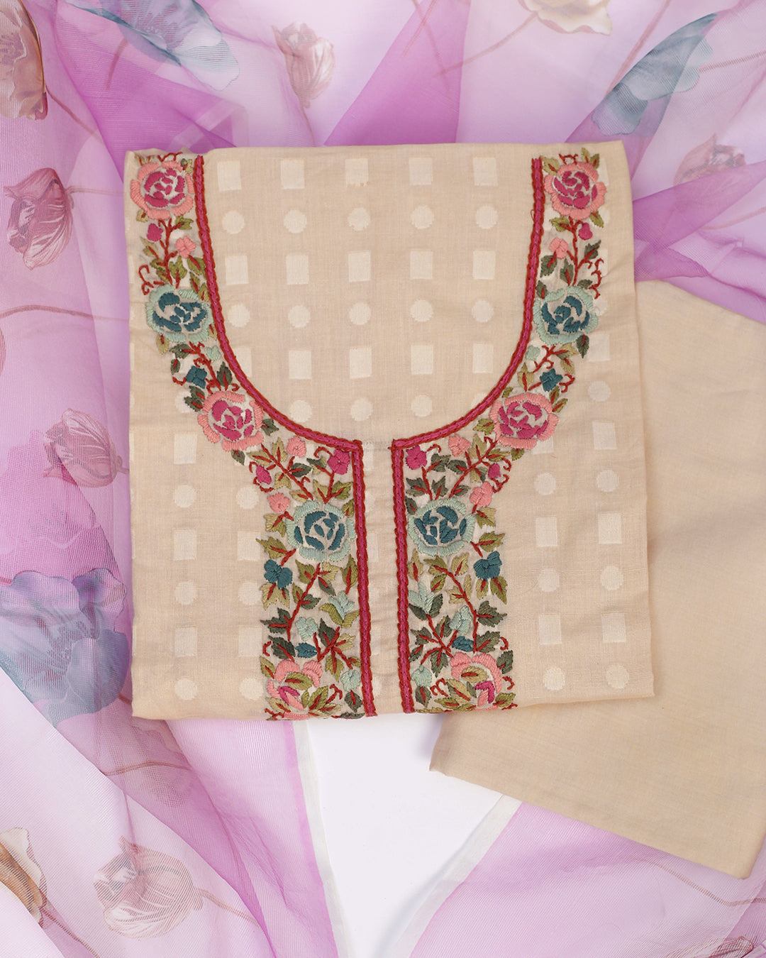 Vintage Beige Chanderi Cotton Unstitched Suit with Organza Dupatta