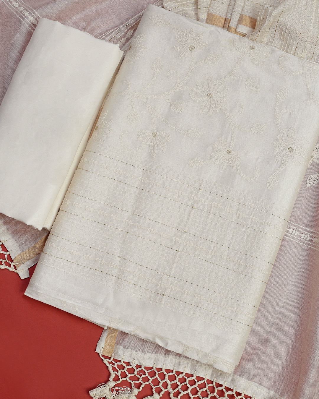 White Striped and Embroidered Chanderi Silk Unstitched Dress Material Suit