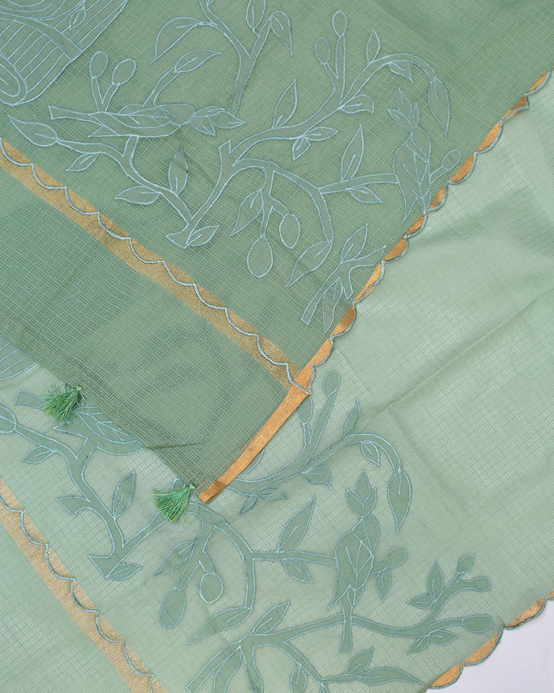 Summer Breeze Green Kota Doria Embroidered Unstitched Dress Material Suit