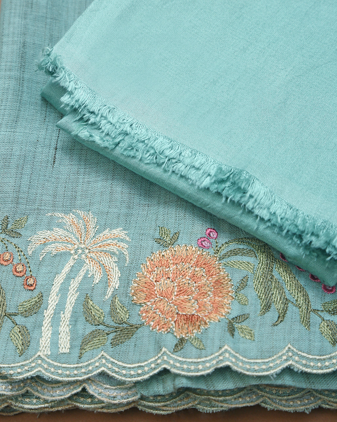 Sea Green Floral Embroidered Khiccha Cotton Unstitched Dress Material Suit
