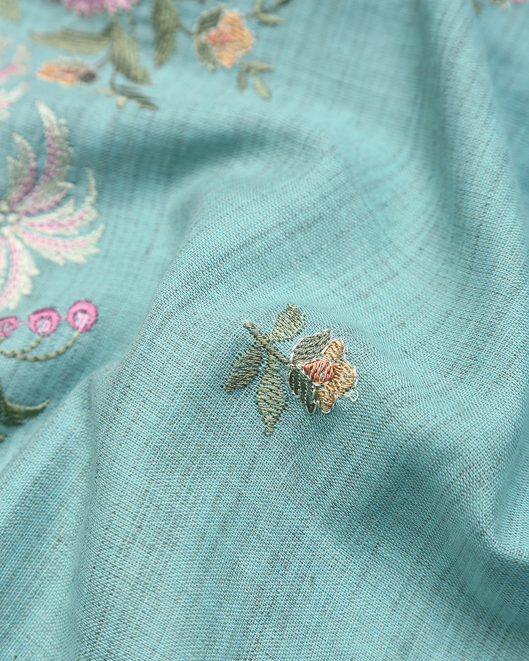 Sea Green Floral Embroidered Khiccha Cotton Unstitched Dress Material Suit
