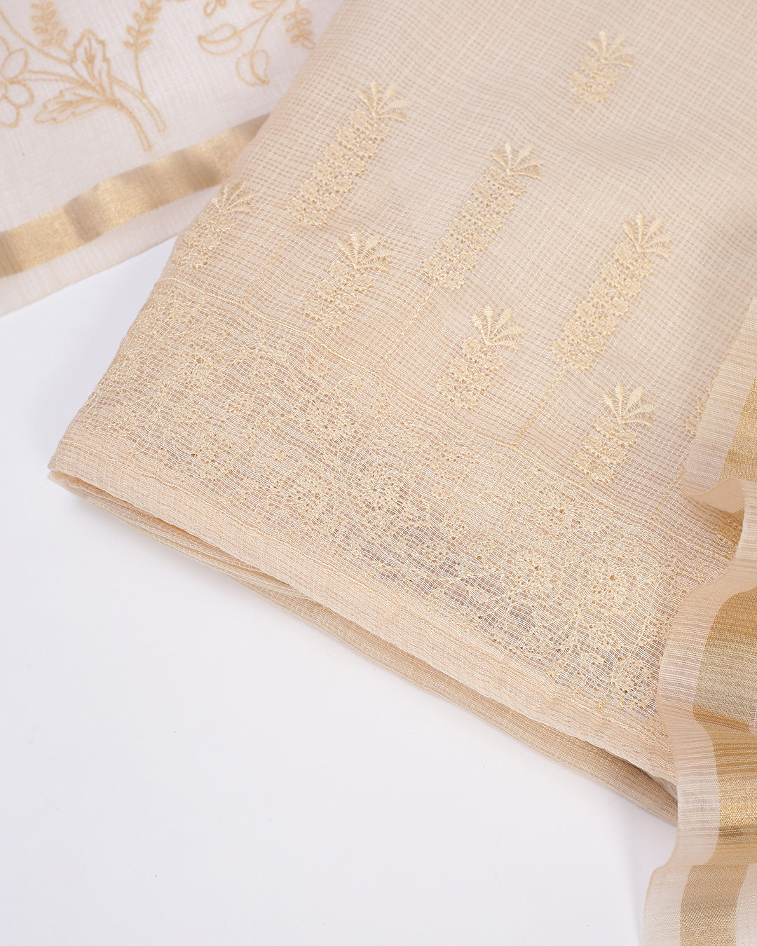 Cream Embroidered Kota Doria Unstitched Dress Material Suit