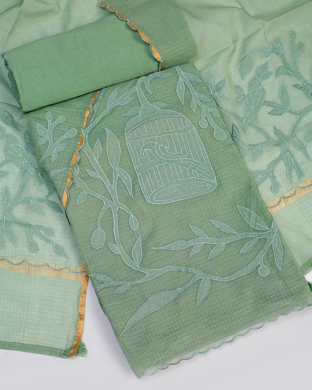 Summer Breeze Green Kota Doria Embroidered Unstitched Dress Material Suit