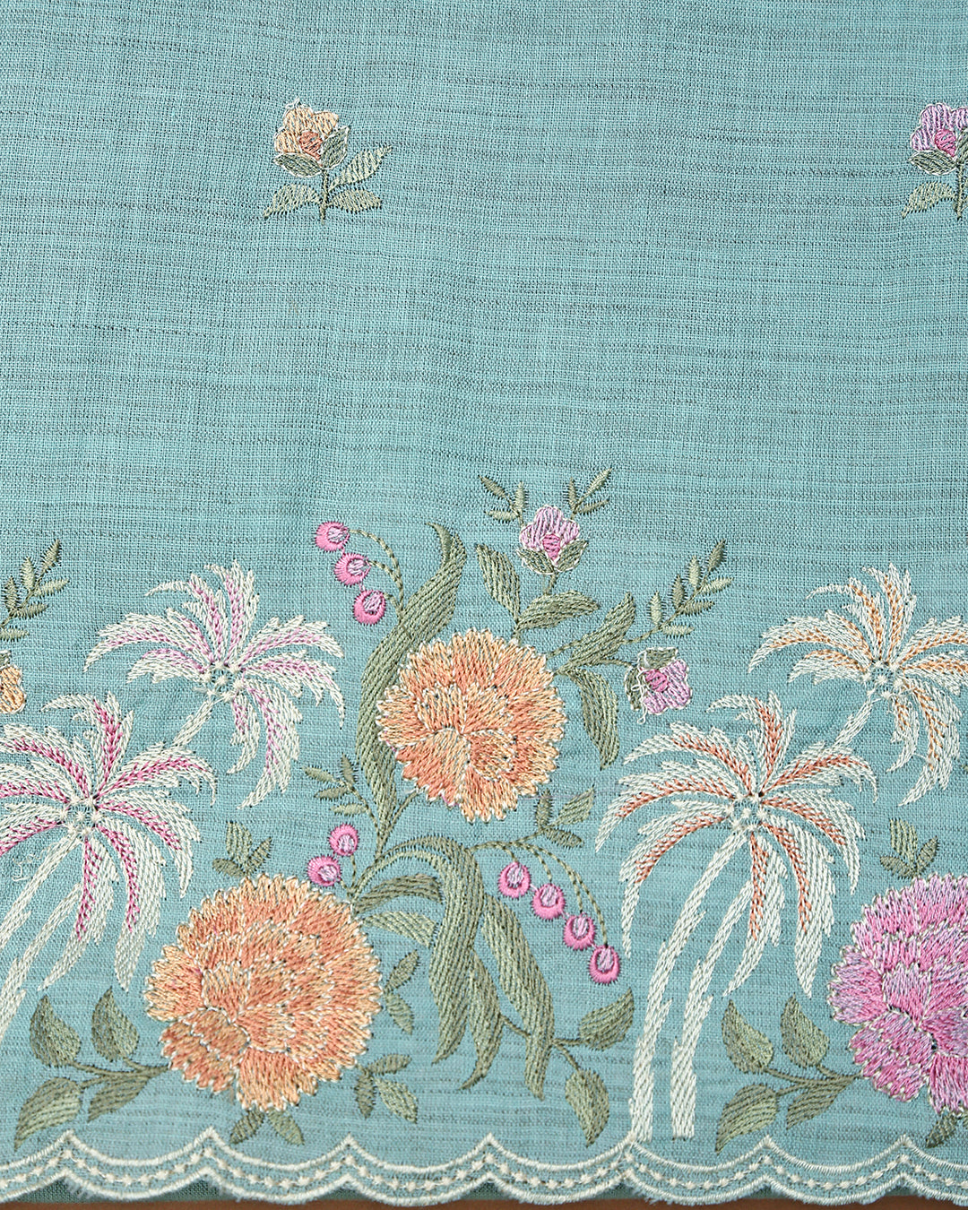 Sea Green Floral Embroidered Khiccha Cotton Unstitched Dress Material Suit