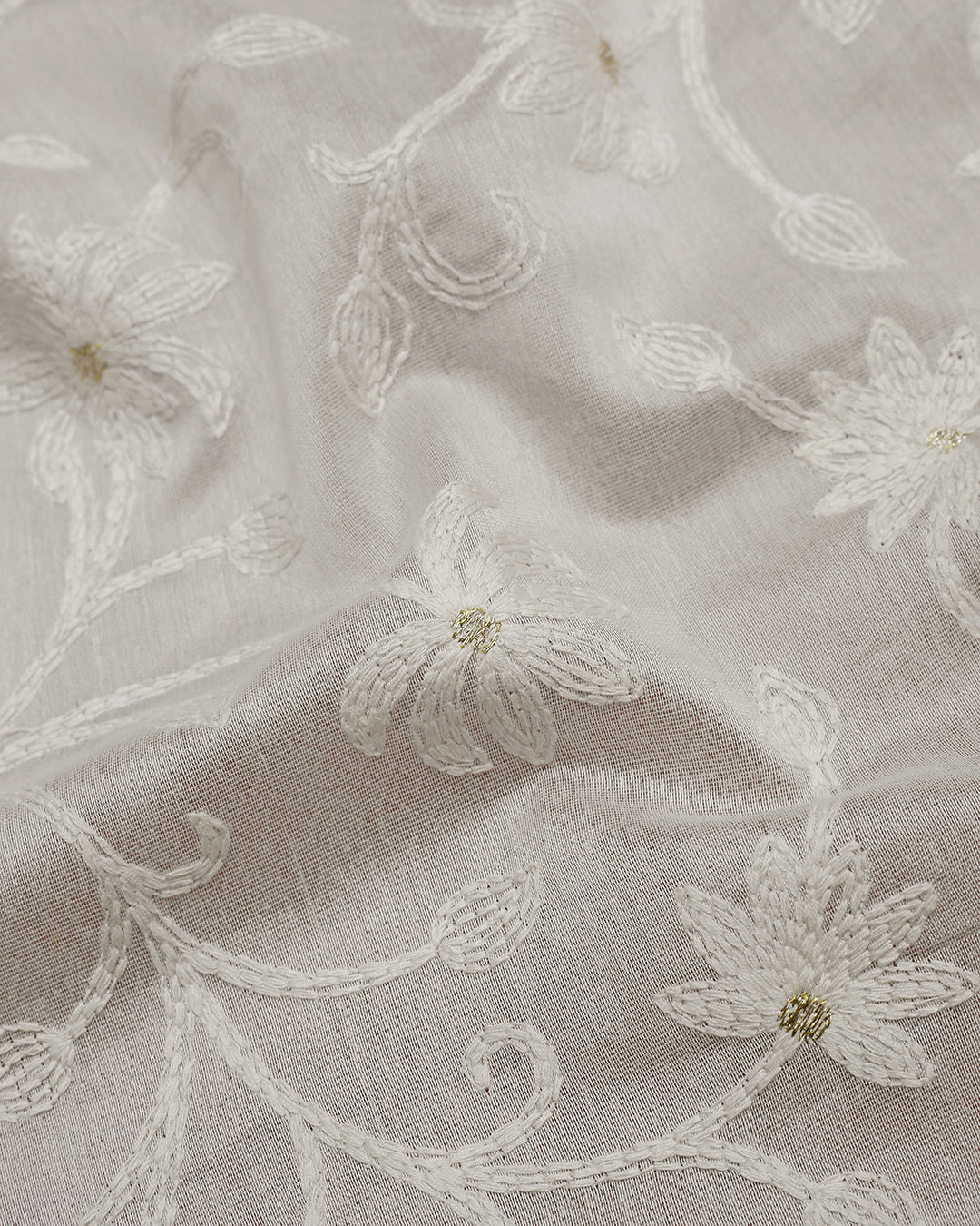 White Striped and Embroidered Chanderi Silk Unstitched Dress Material Suit