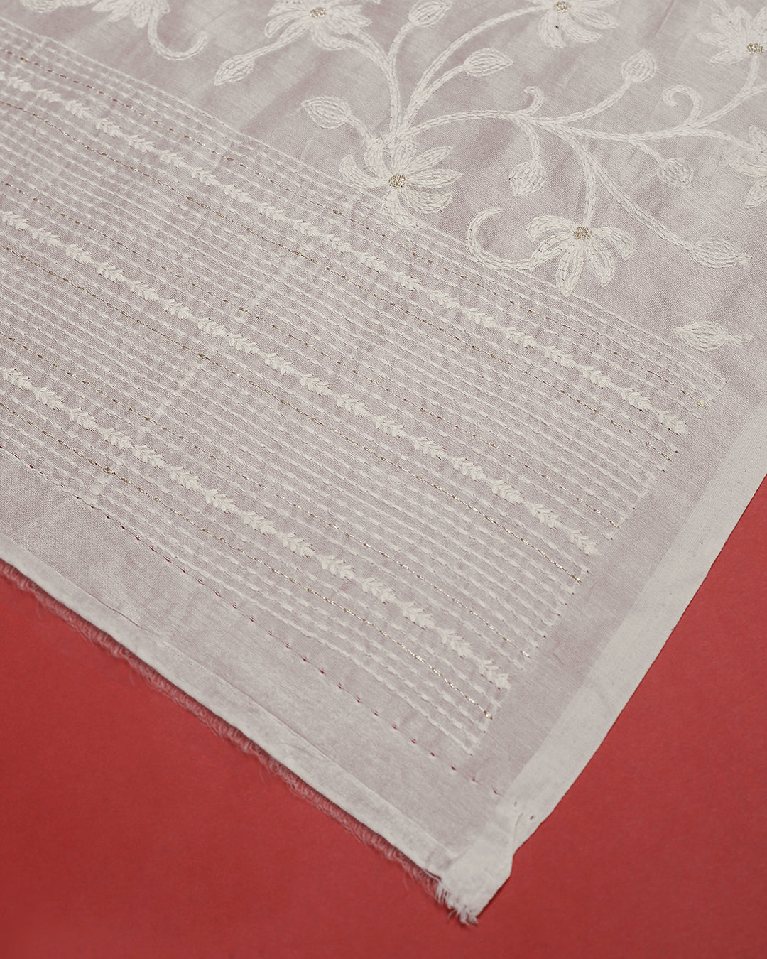 White Striped and Embroidered Chanderi Silk Unstitched Dress Material Suit