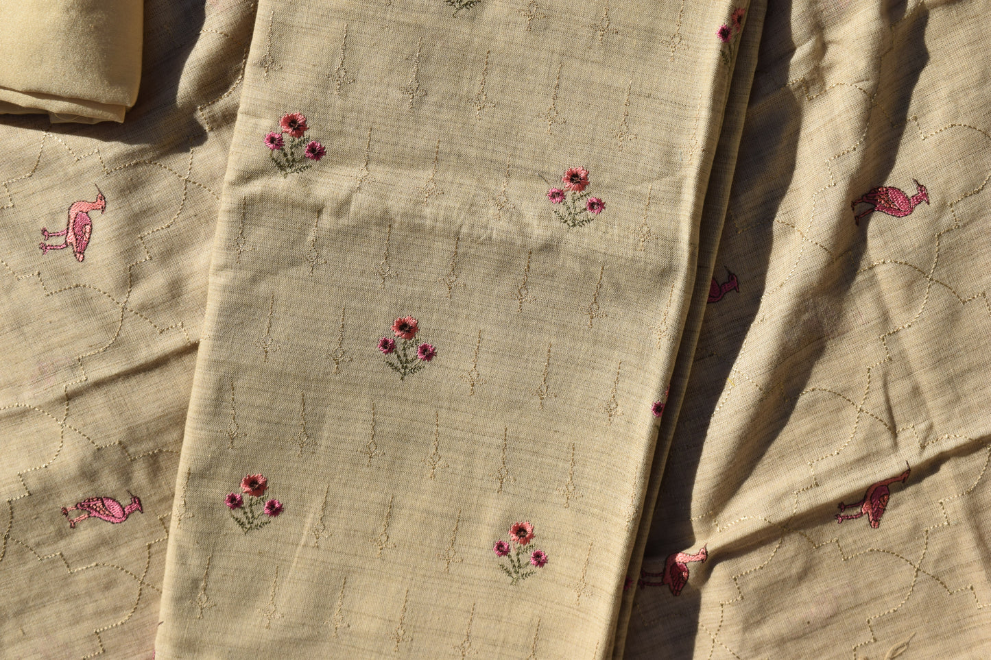 Beige Earthen Birdsong Khiccha Unstitched Dress Material Suit