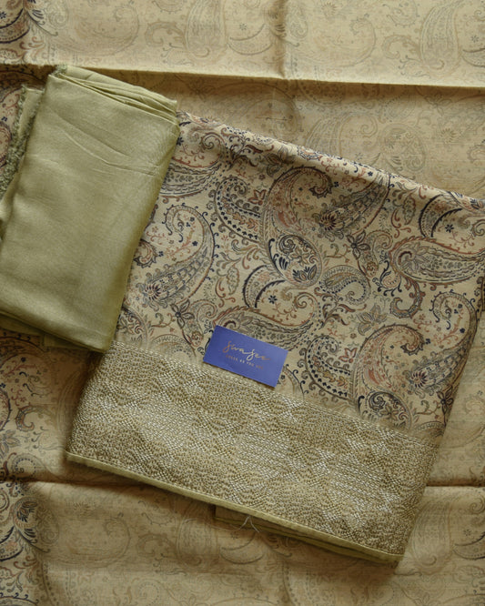 Olive Mist Chanderi Silk Unstitched Dress Material Suit
