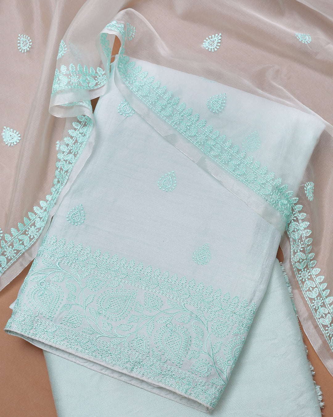 Aqua Mist Chanderi Cotton Unstitched Suit with Organza Dupatta