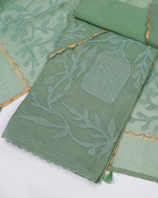 Summer Breeze Green Kota Doria Embroidered Unstitched Dress Material Suit