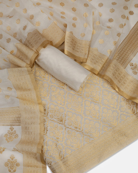 Ivory & Gold Banarasi Cotton Unstitched Dress Material Suit