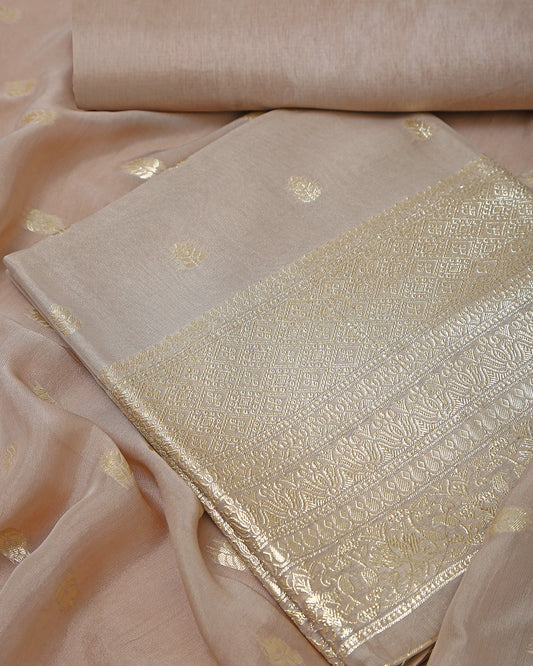 Beige Gold Banarasi Georgette Unstitched Dress Material Suit