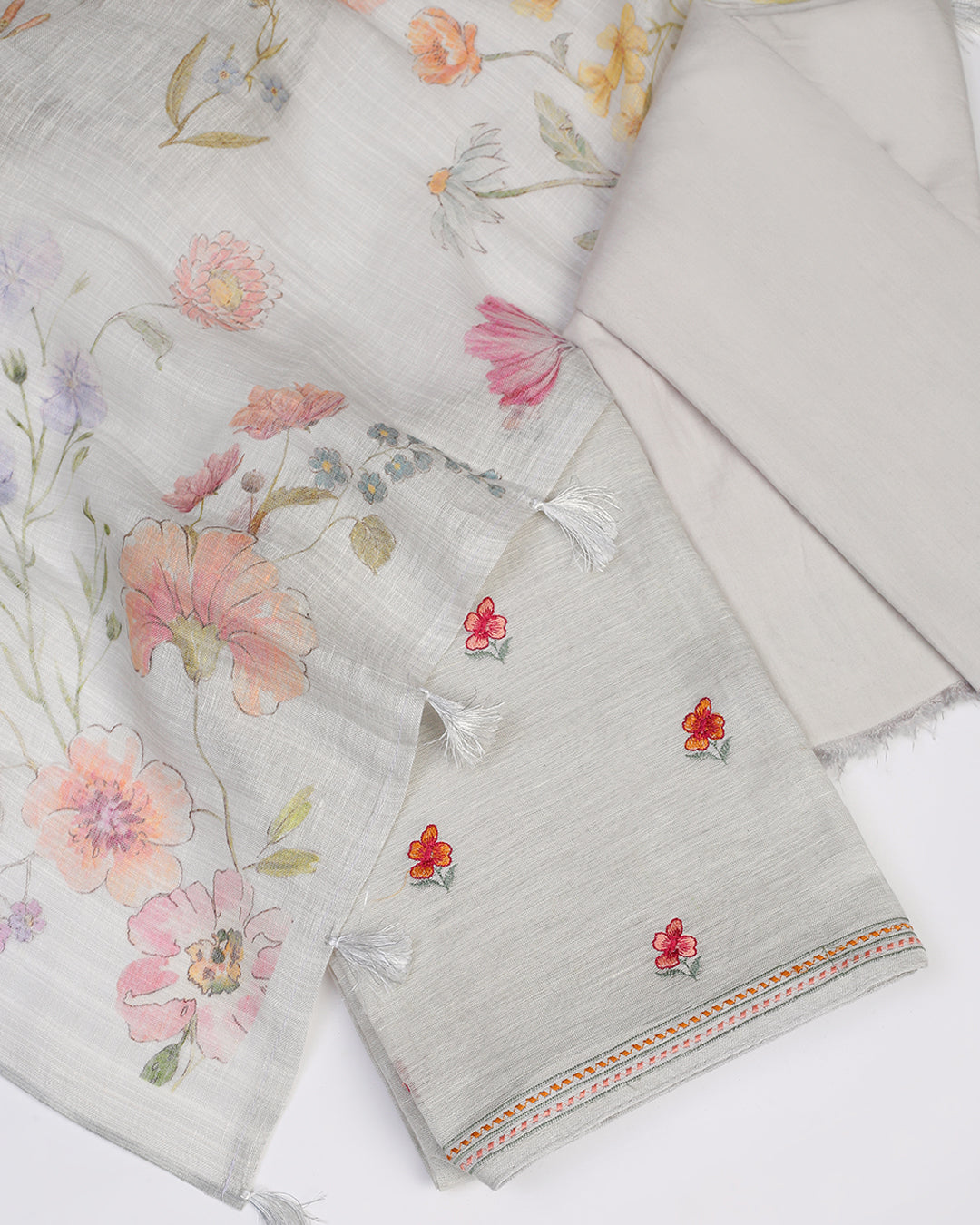 Ivory Floral Embroidered Linen Unstitched Dress Material Suit