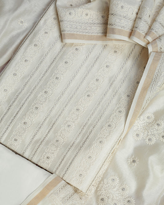 White Dhaari Chanderi Silk Unstitched Dress Material Suit