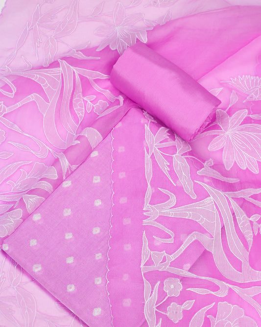 Orchid Pink Linen Unstitched Suit with Applique Organza Dupatta