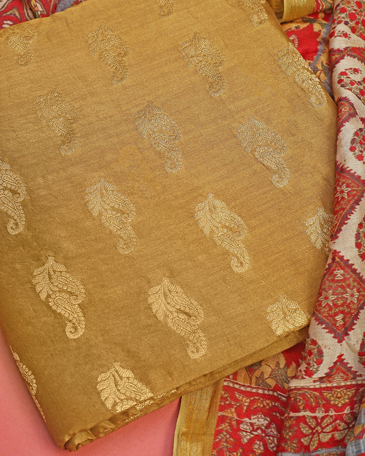 Gold Paisley Maheshwari Silk Unstitched Dress Material Suit