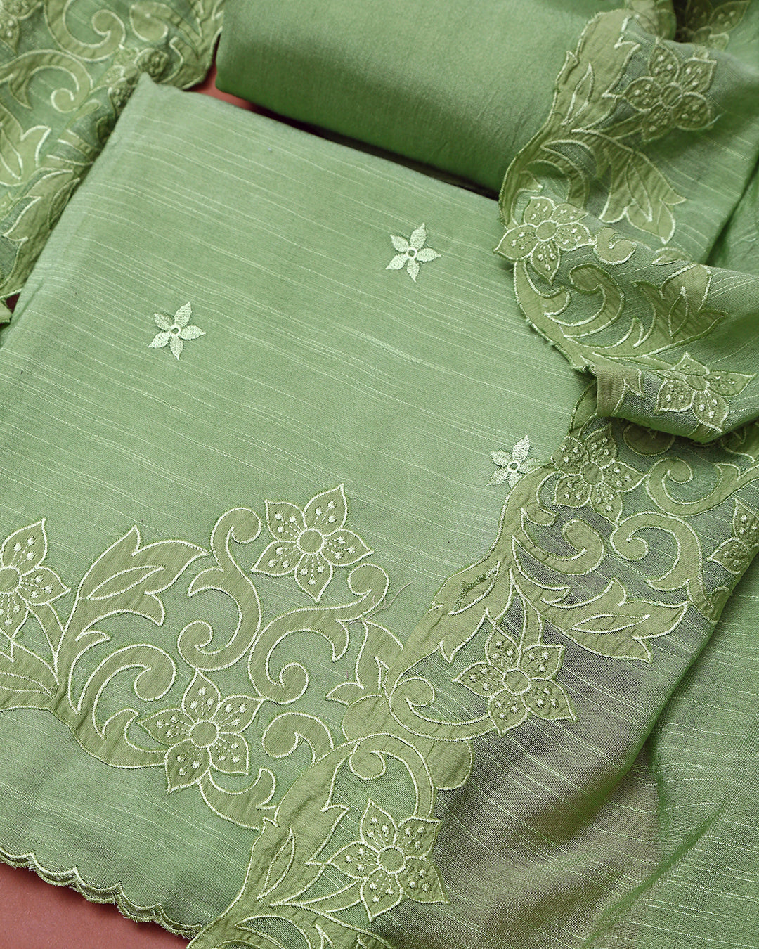 Sage Green Embroidered Slub Cotton Unstitched Dress Material Suit