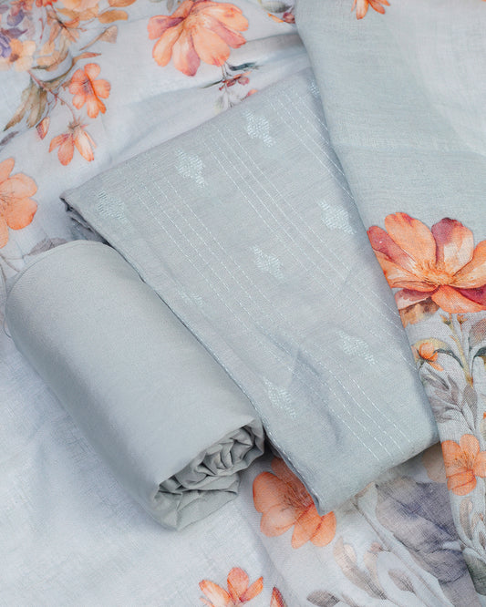 Powder Blue Azure Bloom Linen Unstitched Dress Material Suit