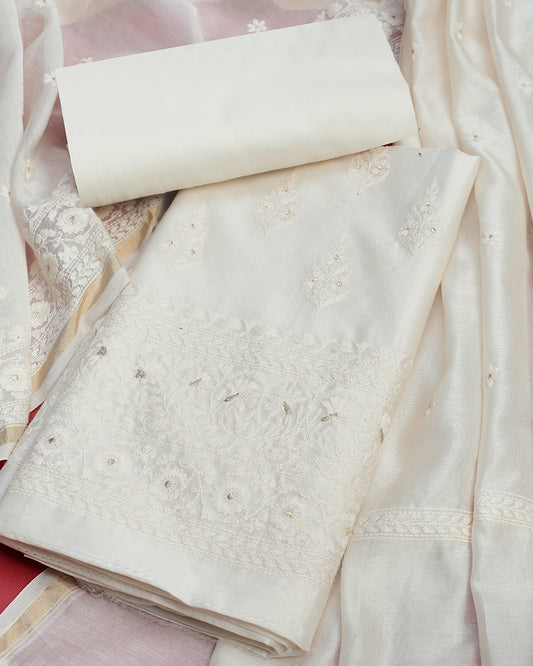 White Embroidered Chanderi Silk Unstitched Dress Material Suit