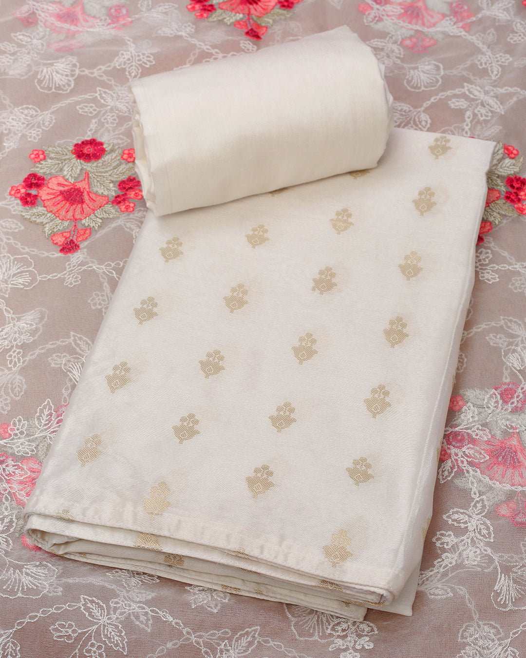 Ivory & Gold Chanderi Silk Unstitched Suit with Embroidered Organza Dupatta
