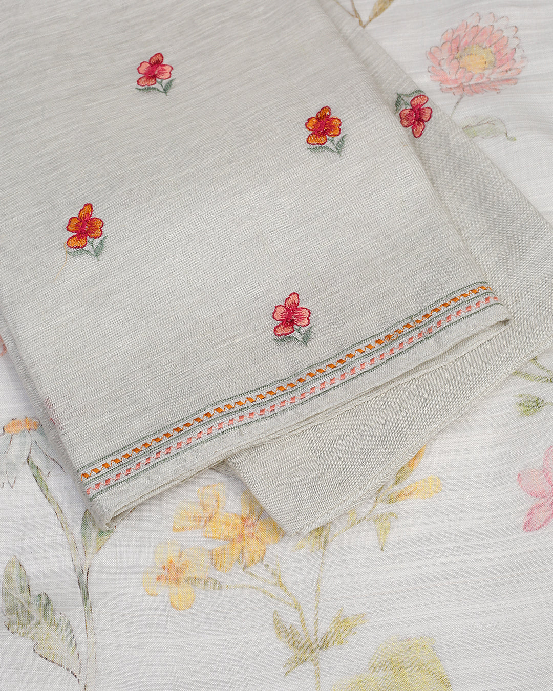 Ivory Floral Embroidered Linen Unstitched Dress Material Suit