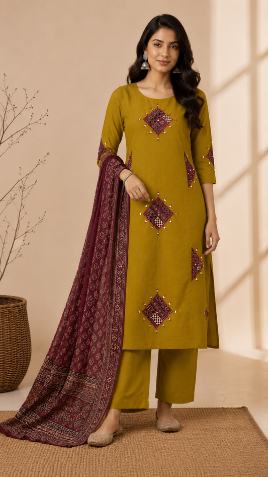 Mustard patch work suit