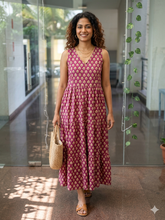 Handblock printed dress - wine