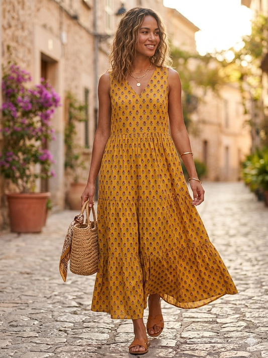 Handblock printed dress - Mustard