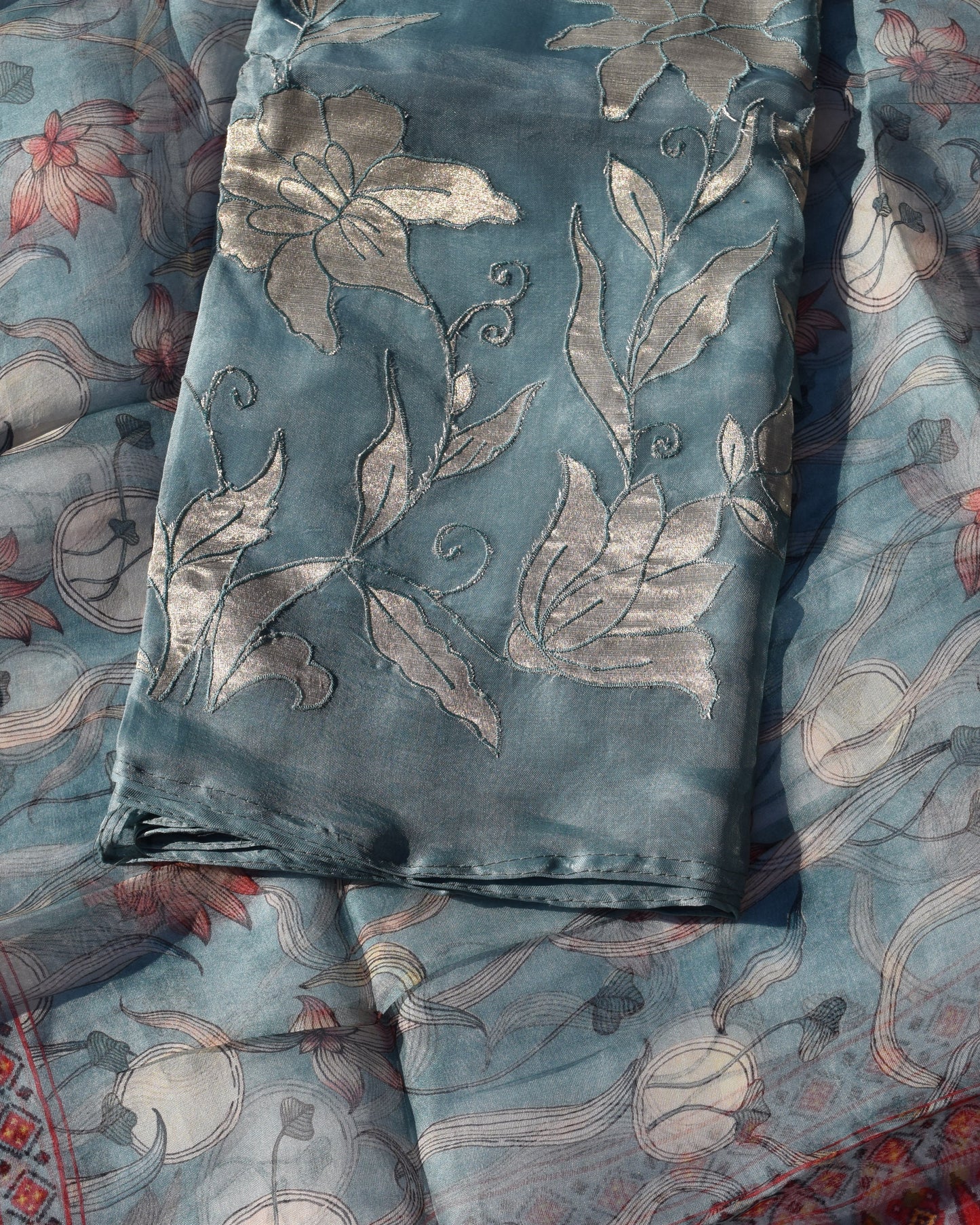 Teal Blue Mosaic Bloom Organza Unstitched Dress Material Suit