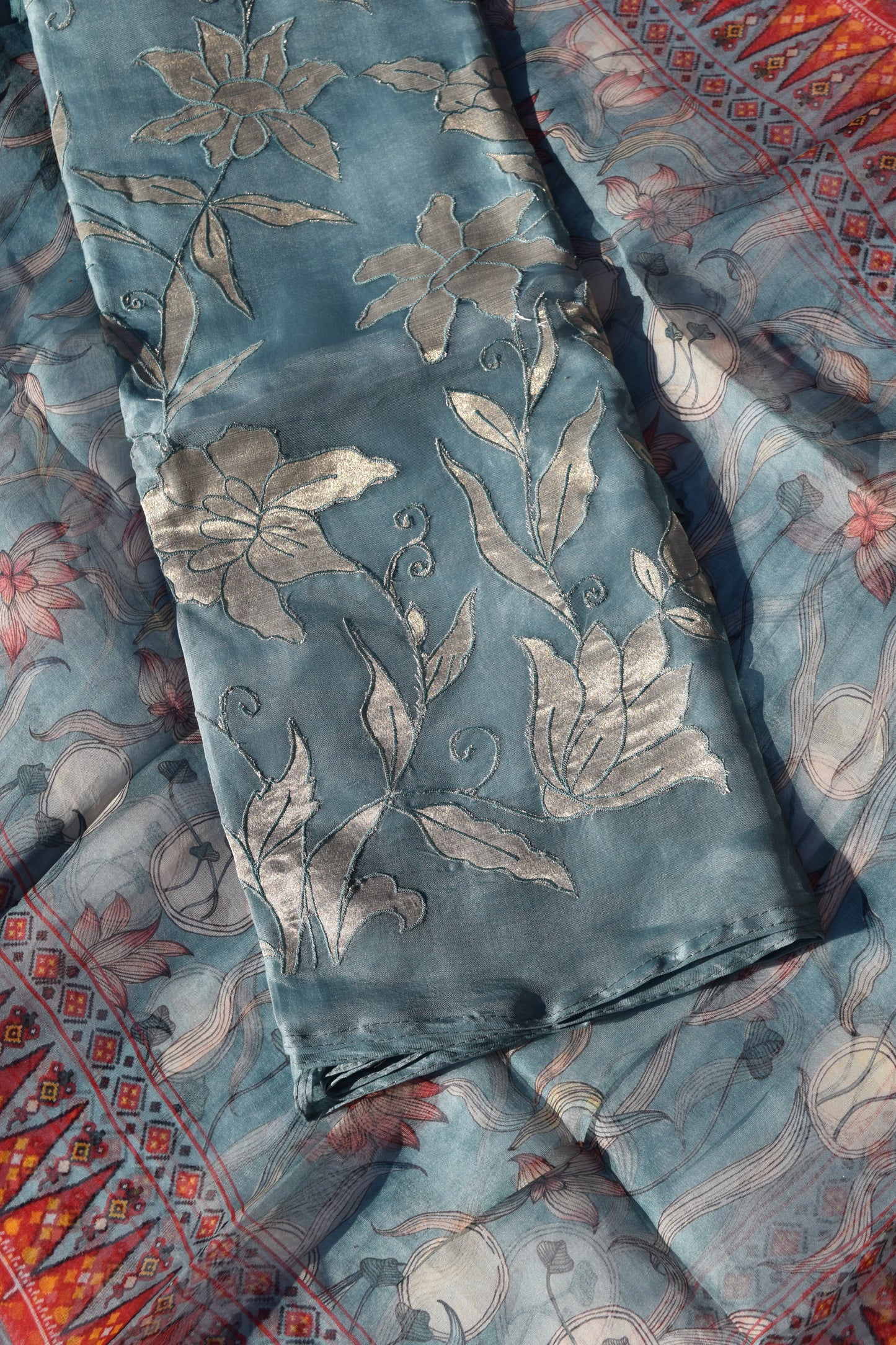 Teal Blue Mosaic Bloom Organza Unstitched Dress Material Suit