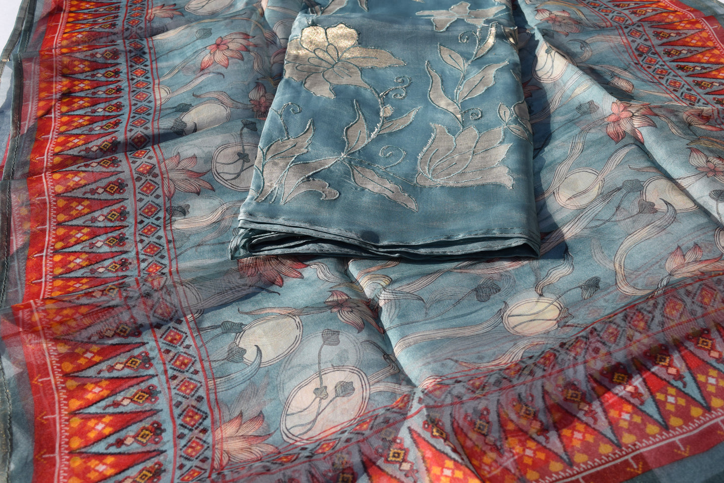Teal Blue Mosaic Bloom Organza Unstitched Dress Material Suit