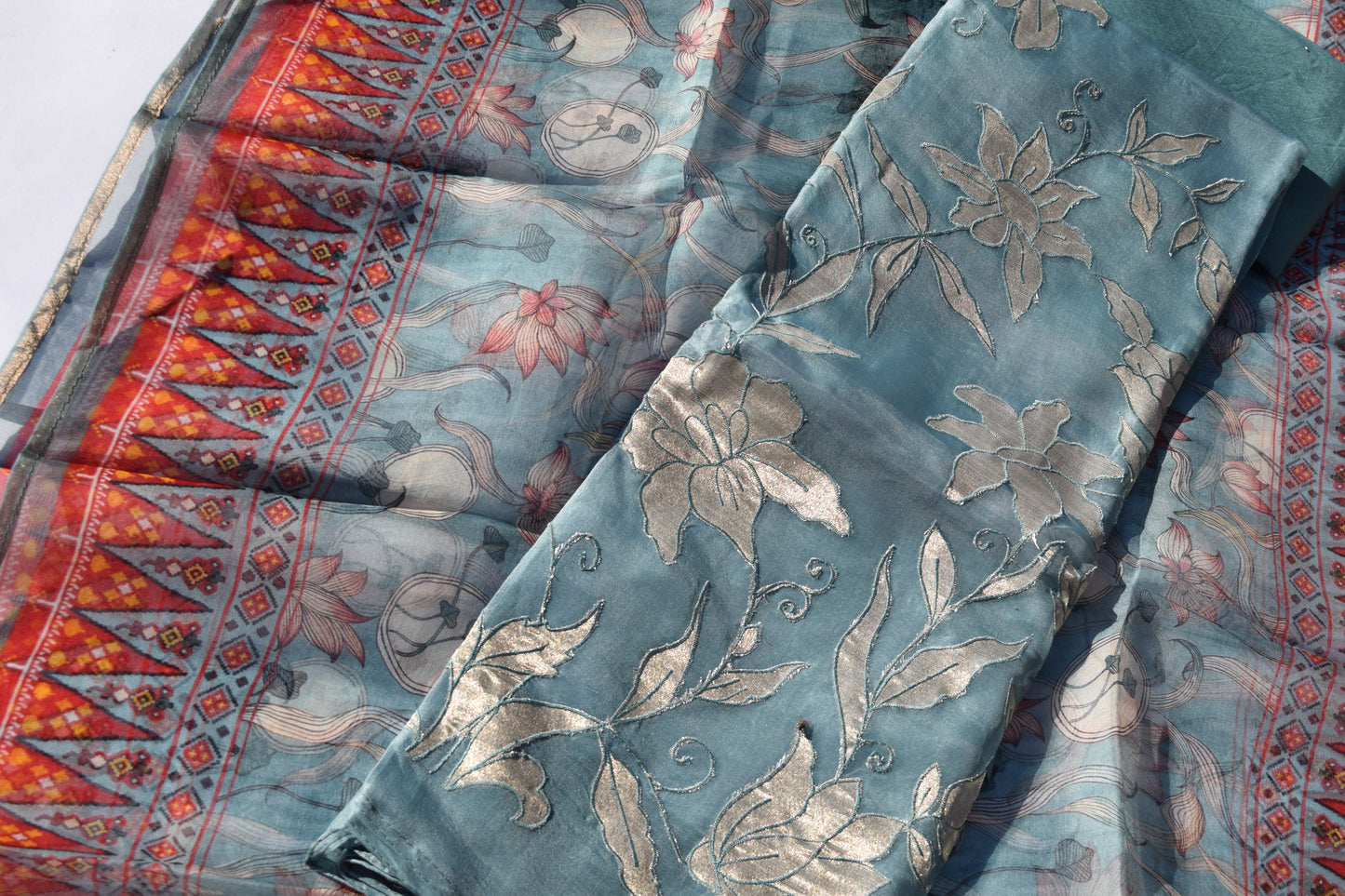 Teal Blue Mosaic Bloom Organza Unstitched Dress Material Suit