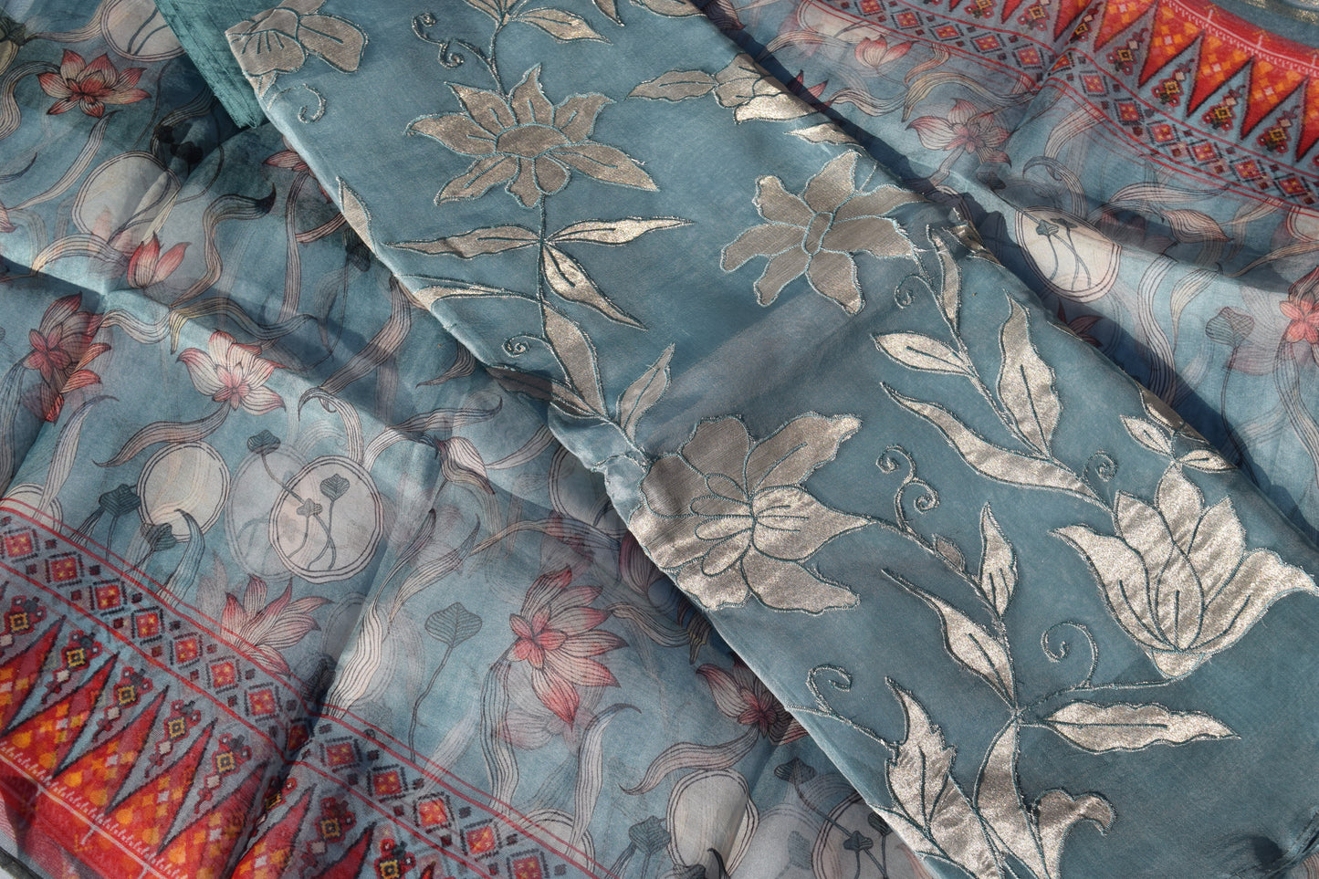 Teal Blue Mosaic Bloom Organza Unstitched Dress Material Suit