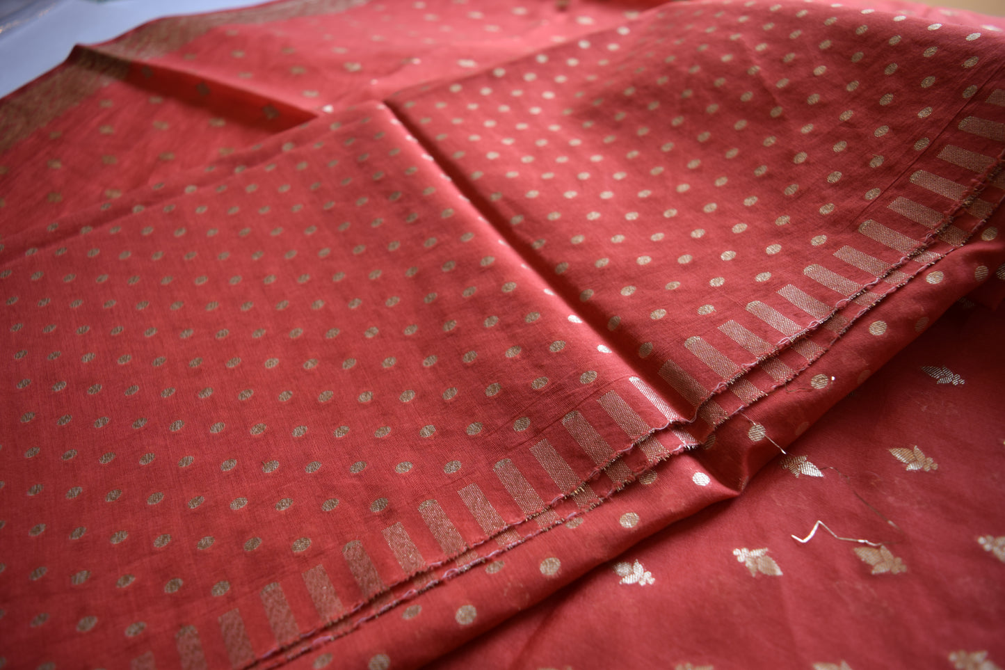 Zari Weave Brick Red Cotton Unstitched Dress Material Suit