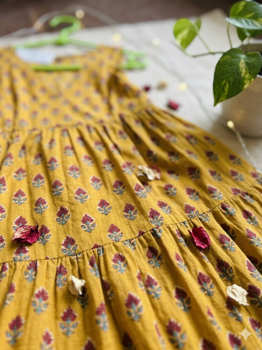 Handblock printed dress - Mustard