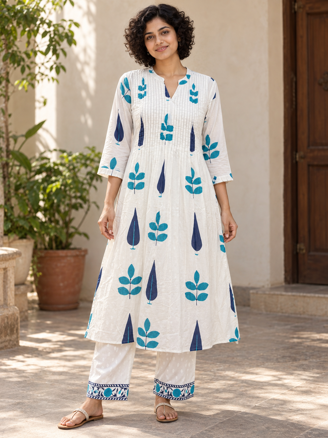 White and Blue Pure Cotton Kurta Set