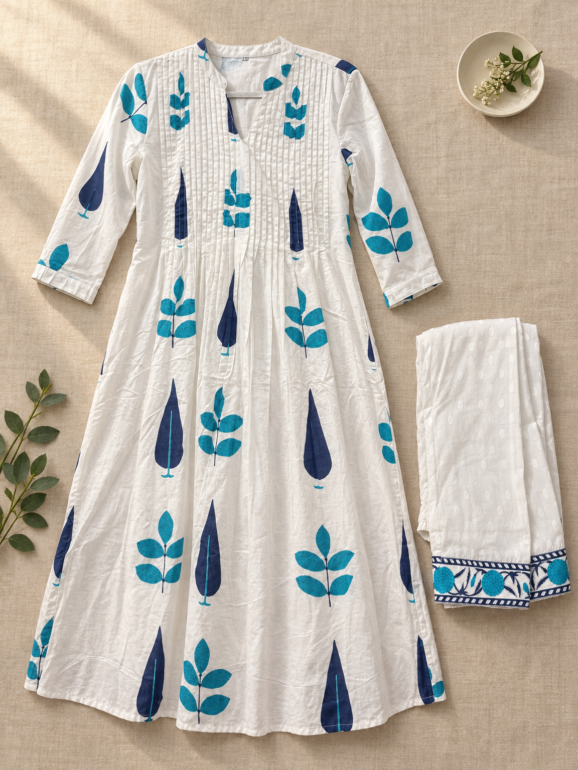 White and Blue Pure Cotton Kurta Set