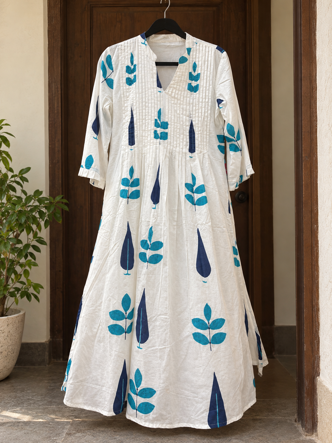 White and Blue Pure Cotton Kurta Set